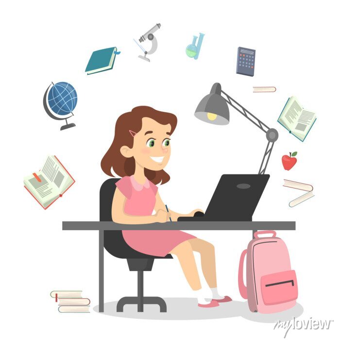 Imagem de uma aluna sentada à mesa estudando.